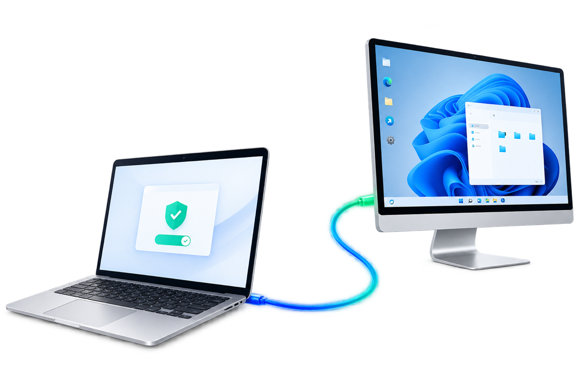 Ordinateur portable et poste de travail reliés pour une assistance à distance autorisée